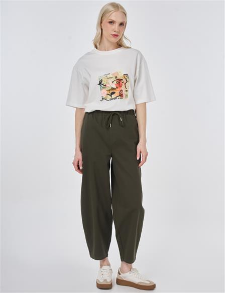 Elastic Waist Carrot Fit Trousers Dark Brown