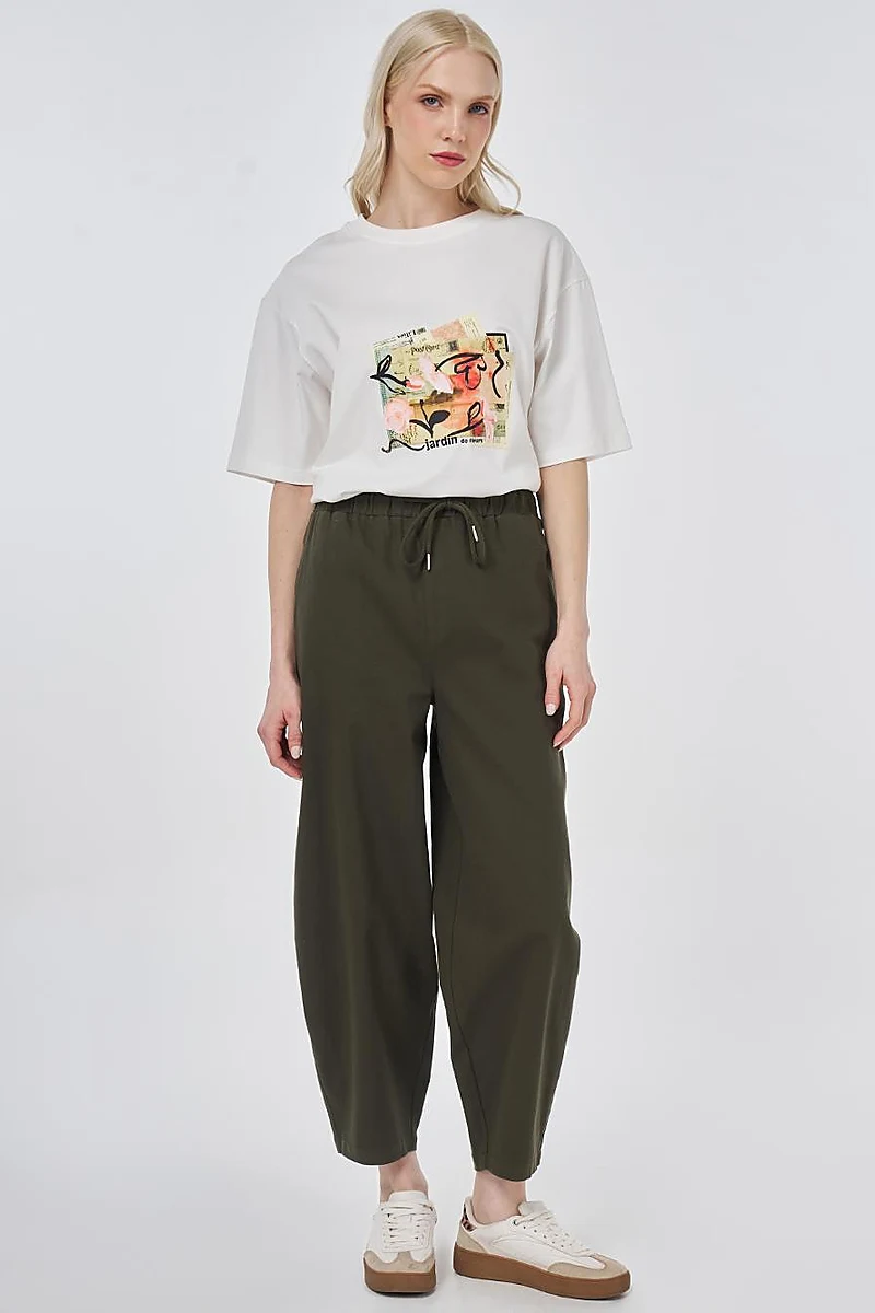 Elastic Waist Carrot Fit Trousers Dark Khaki