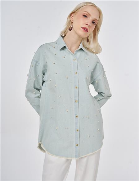İnci Detaylı Denim Tunik Açık Mavi