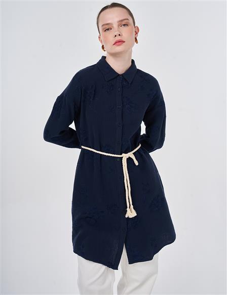 Cotton Tunic with Straw Rope Belt Detail, Dark Navy