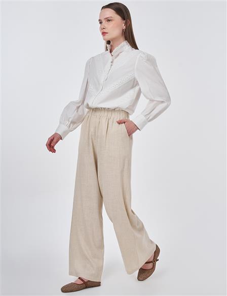 Bel Lastikli Keten Viskon Pantolon Taş