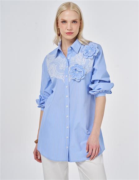 Dantel Garnili Pamuk Viskon Tunik Açık Havacı Mavi