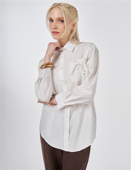 %100 Pamuklu Fiyonk Detaylı Bluz Optik Beyaz 