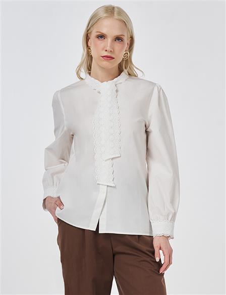 %100 Pamuklu Dantel Garnili Bluz Optik Beyaz 