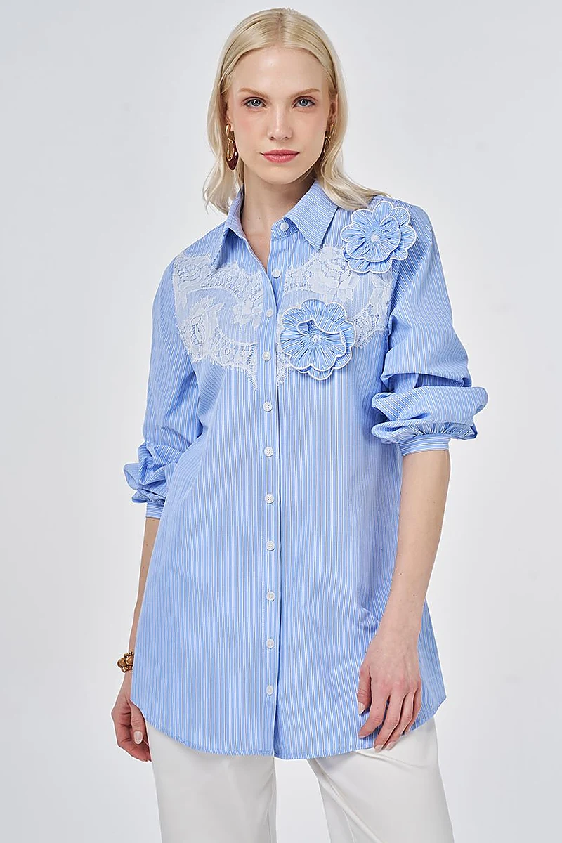 Lace-Trimmed Cotton-Viscose Tunic Light Aviator Blue