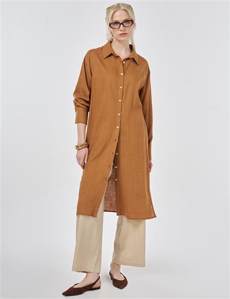 Linen Viscose Long Tunic, Tan