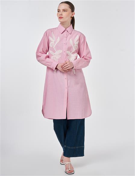 Nakış Detaylı Pamuklu Tunik Pembe 