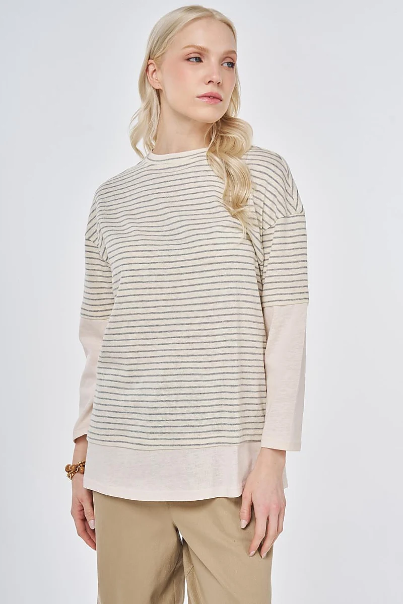 Striped Cotton Sweatshirt Light Gray