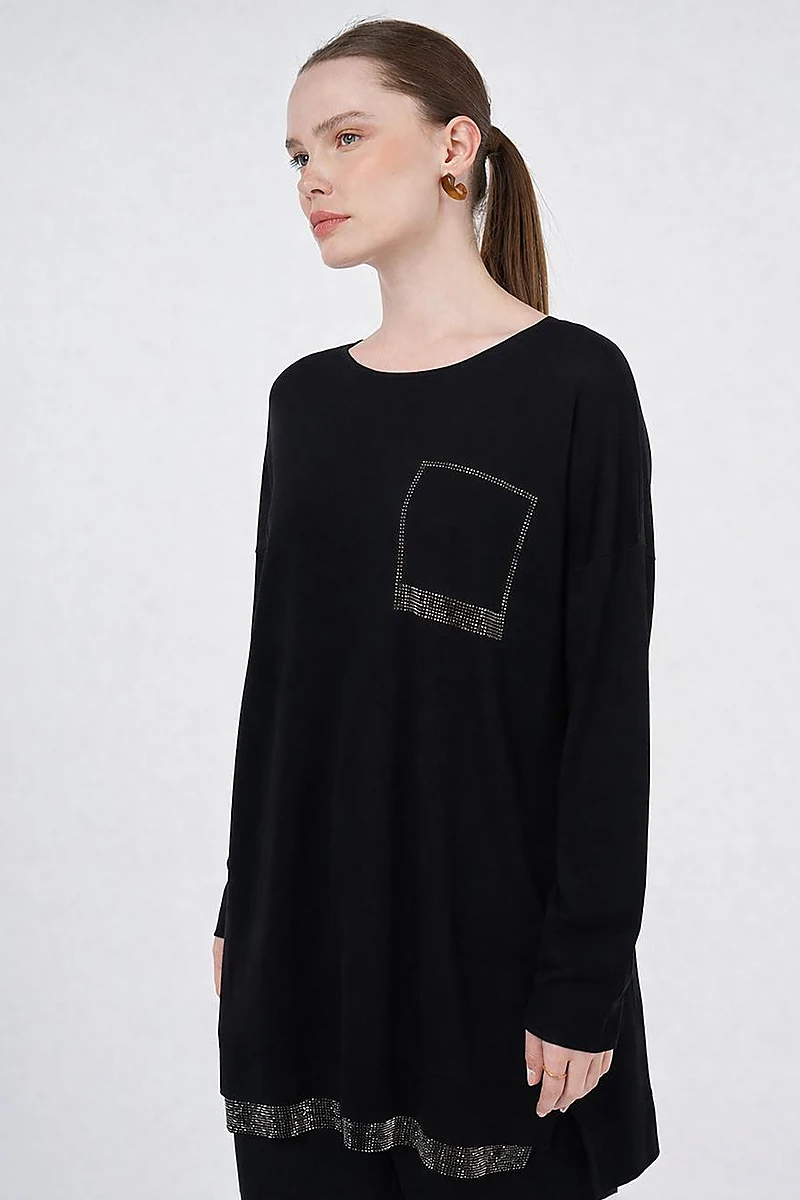 Hotfix Printed Knitted Tunic Black