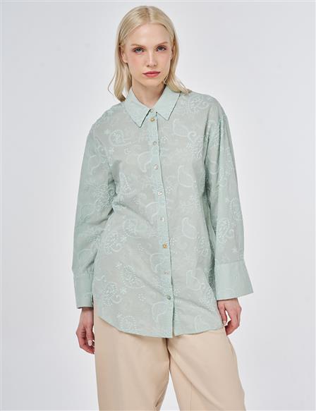%100 Pamuklu Floral İşlemeli Tunik Su Yeşili