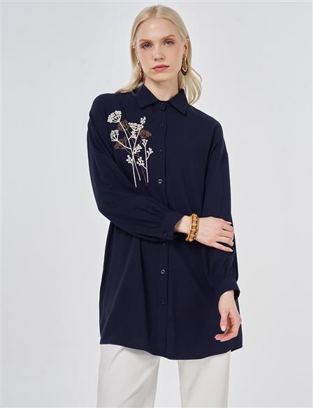 %100 Viskon Nakış İşlemeli Tunik Lacivert