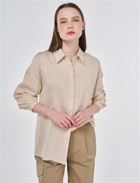 Çizgi Desen Keten Viskon Tunik Taş