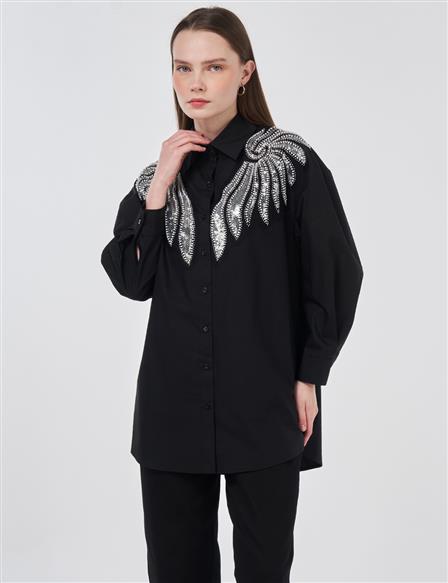 100% Cotton Sequin and Pearl Embellished Tunic Black