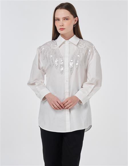 100% Cotton Sequin and Pearl Embellished Tunic Optic White