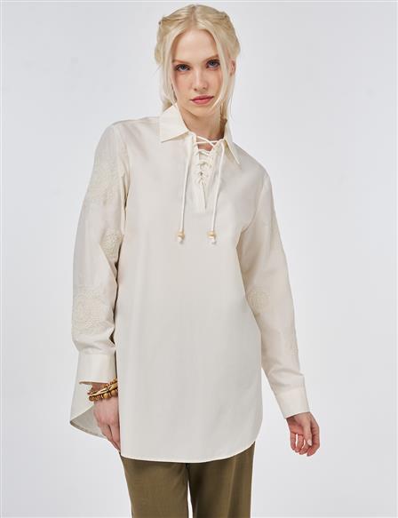 %100 Pamuklu Bağcıklı Tunik Ekru