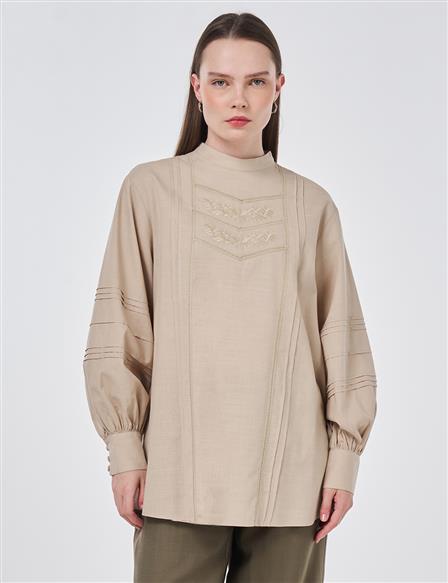 Nervür Dikişli Pamuk Keten Bluz Ekru