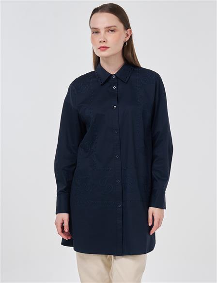 100% Cotton Shirt Collar Laser Cut Tunic Navy Blue
