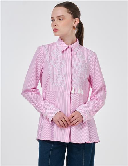 Ethnic Pattern Cotton Blouse Candy Pink