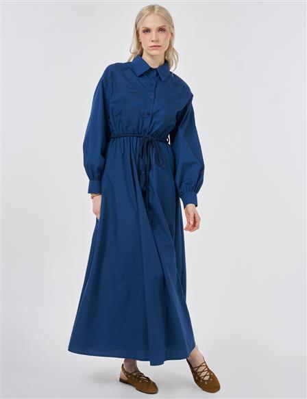 Embroidered Cotton Dress Navy Blue