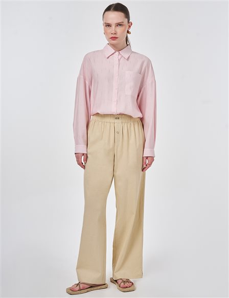 Elastik Bel Keten Pantolon Vizon