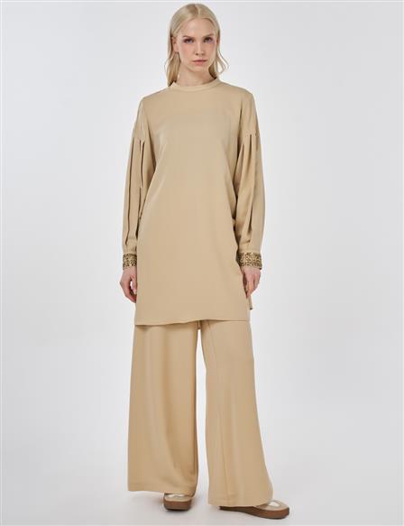 Elegant Two-Piece Set with Ribbed Stitching Beige