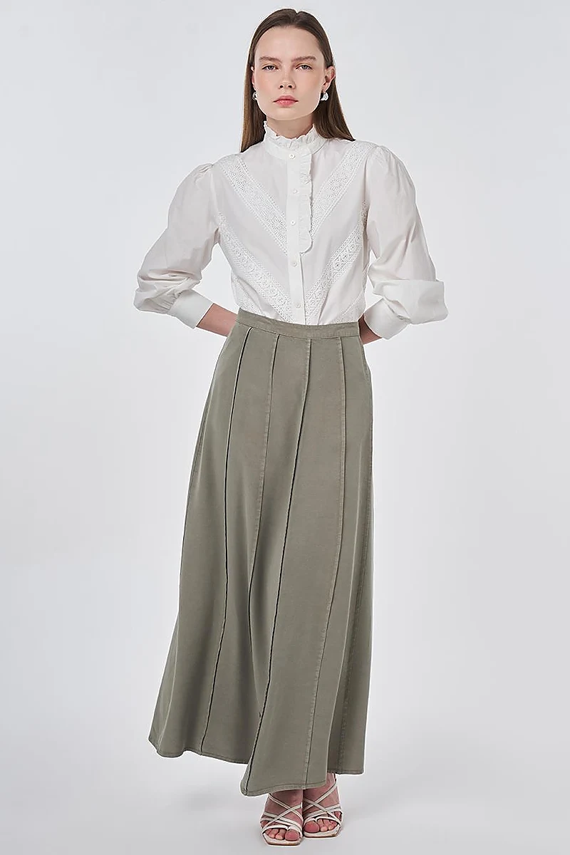 100% Lyocell Piece Stitched Skirt Khaki