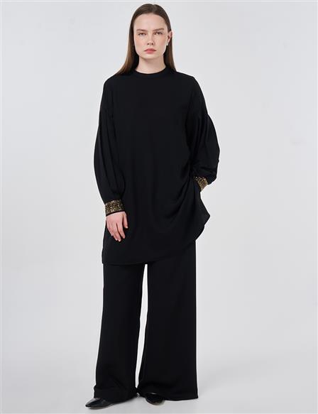 Elegant Two-Piece Set with Ribbed Stitching Black