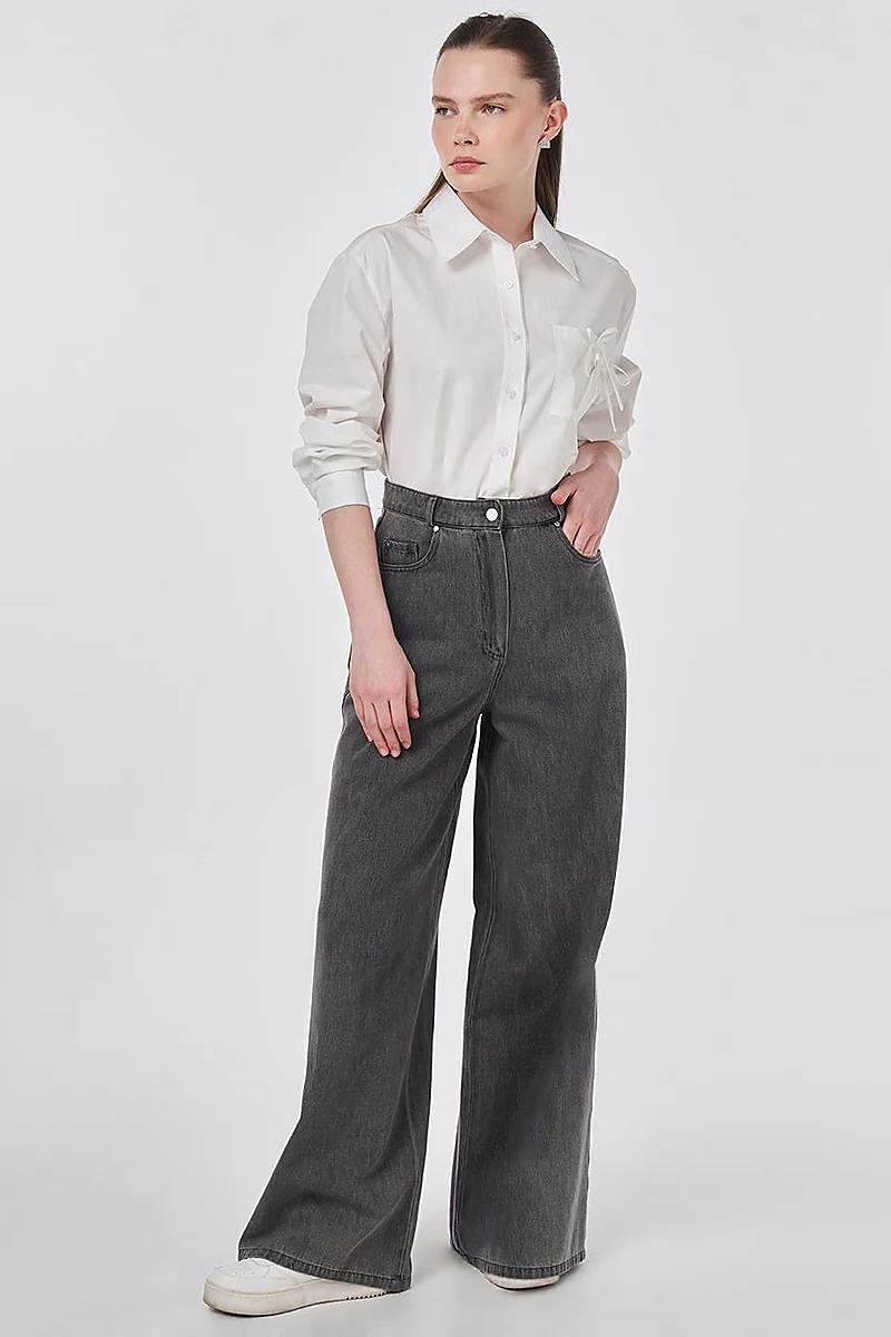 Washed Wide Leg Denim Trousers Anthracite
