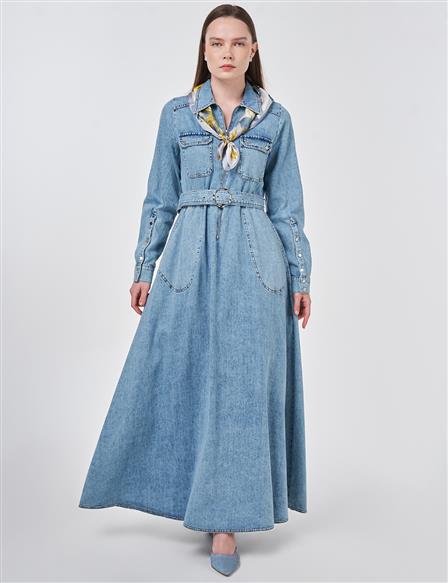 Yıkamalı Denim Elbise Mavi 