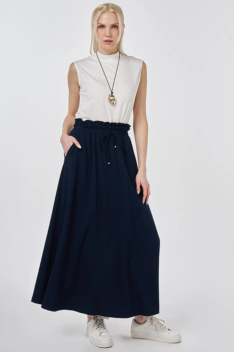 Waist Gathered Flared Skirt Dark Navy
