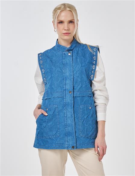 Hotfix Baskılı Kabartma Desen Yelek İndigo