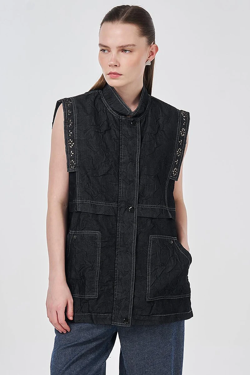 Hotfix Printed Embossed Pattern Vest Black