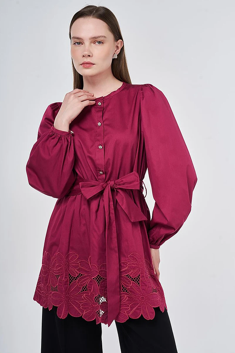 100% Cotton Laser Cut Tunic Cherry