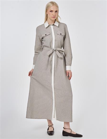 Flap Pocket Textured Dress Dark Brown