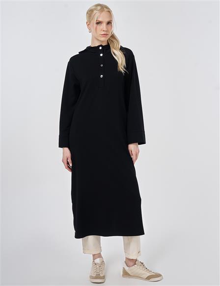 Kapüşon Detaylı Modal Uzun Tunik Siyah