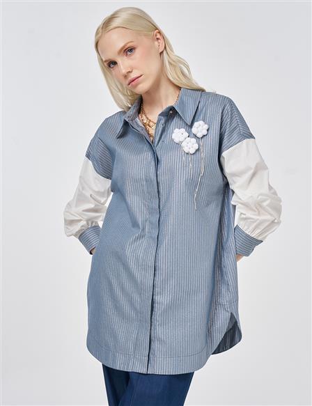 Striped Pattern Cotton Tunic with Brooch Indigo