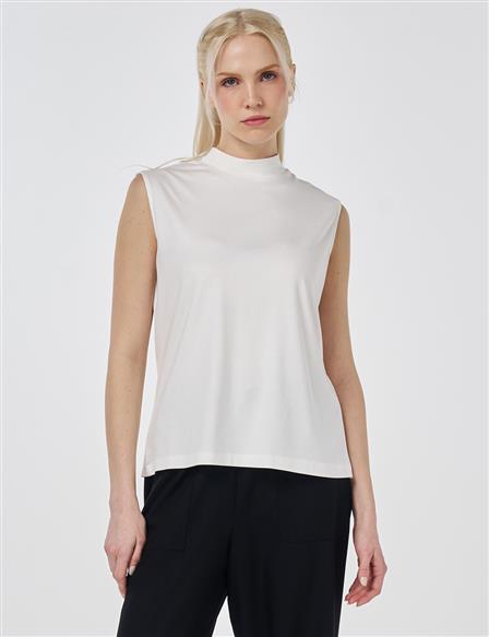 Short Stand-Up Collar Viscose T-shirt Optical White