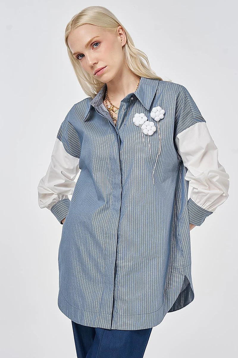 Striped Pattern Cotton Tunic with Brooch Indigo
