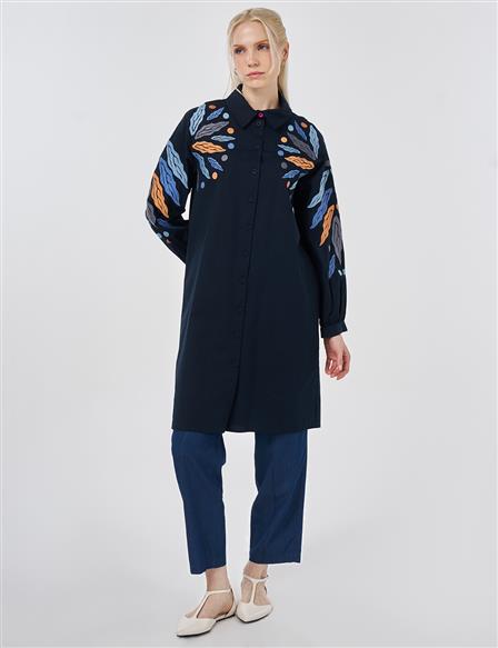 Nakış İşlemeli Pamuklu Tunik Koyu Lacivert