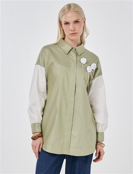 Striped Pattern Cotton Tunic with Brooch Matcha Green