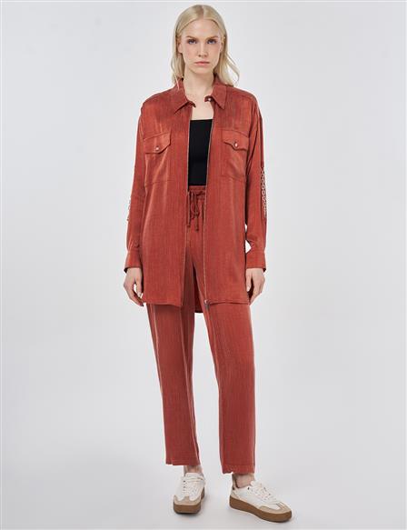 Lyocell Viscose Two-Piece Set with Pocket Detail Brick Red