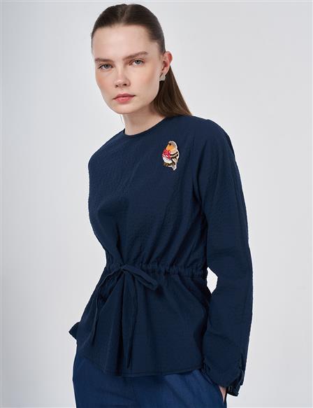 100% Cotton Blouse with Brooch Detail Dark Navy