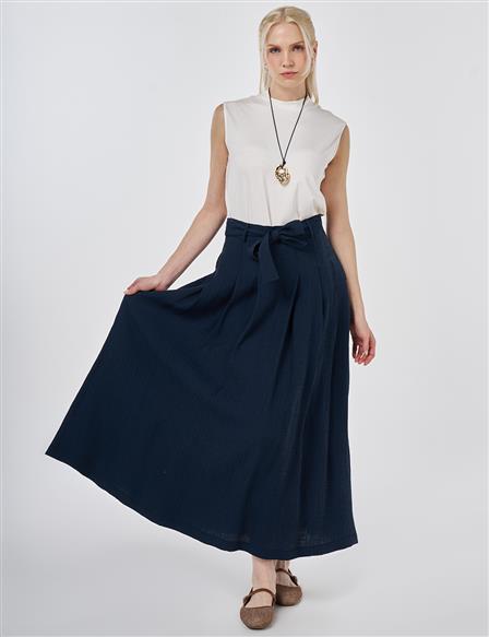 Belted Crinkle Skirt Dark Navy