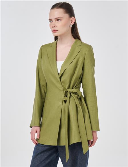 Kruvaze Bağlamalı Keten Ceket Matcha Yeşili