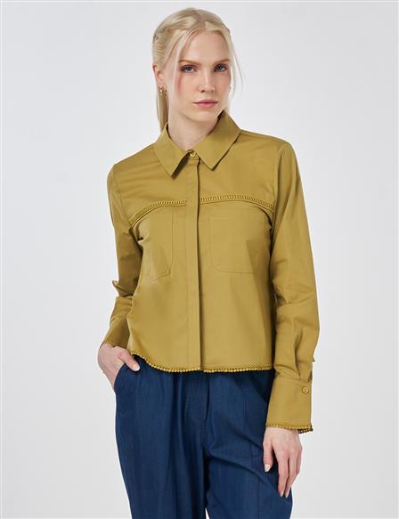 Şerit Fistolu Pamuklu Bluz Yağ Yeşili