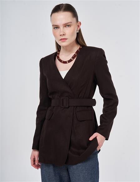 Belted Lyocell Linen Jacket Dark Brown
