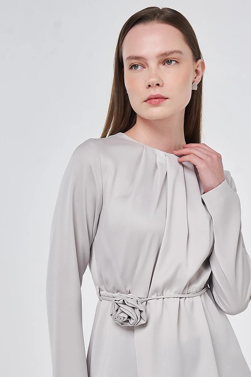 Rose Motif Satin Blouse Light Gray