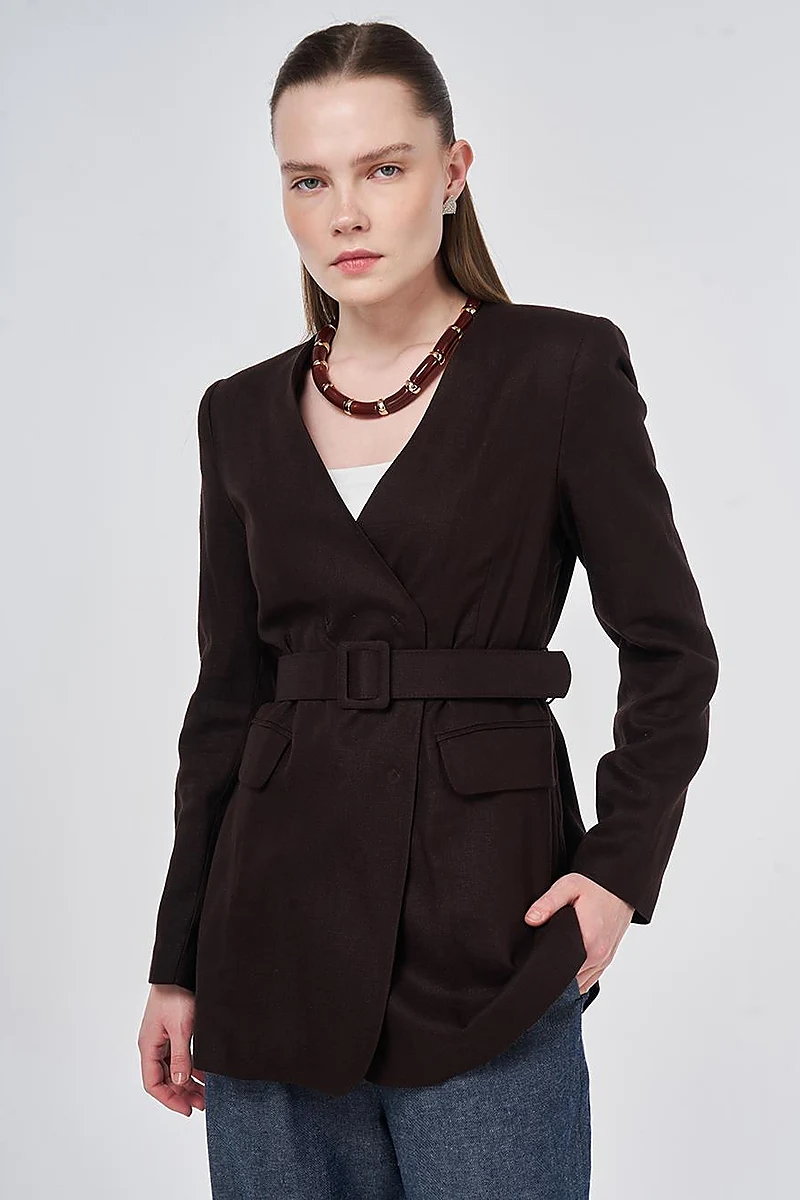 Belted Lyocell Linen Jacket Dark Brown