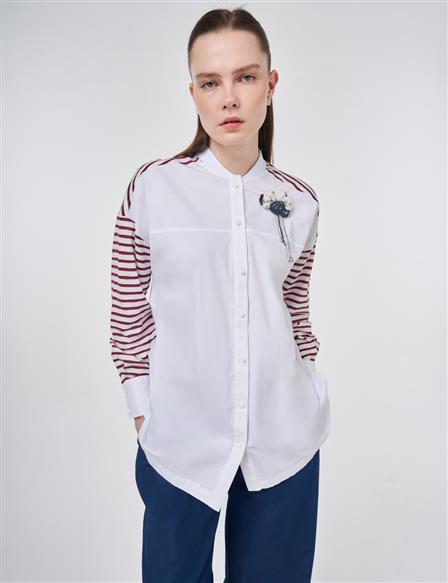 Broşlu Pamuklu Tunik Optik Beyaz