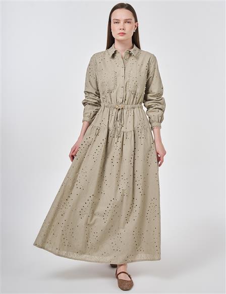 Shirt Collar Broderie Dress Moss Green